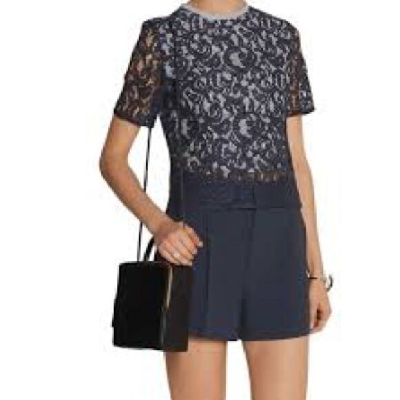 NWOT CARVEN DESIGNER LACE AND GIGHAM BLOUSE NAVY AND WHITE SIZE XS/2 - Picture 1 of 9